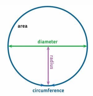 Circle with diameter, radius, area, circumference