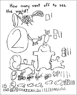 A young student' drawing of fifteen animals she counted in a book.