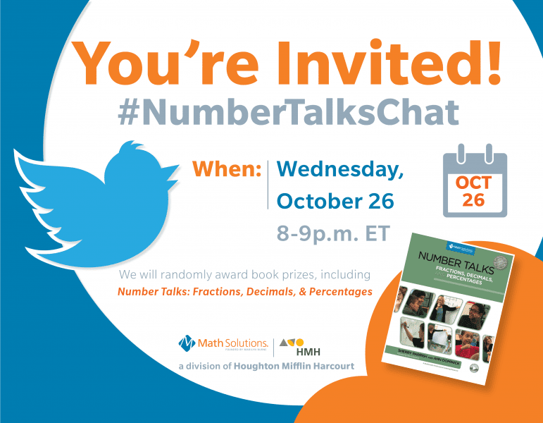 Math Solutions NumberTalks Chat invite, image of twitter bird and a copy of a Number Talks book cover | You're invited! #Numbertalkschat Wednesday October 26, 2016 #NumberTalksChat