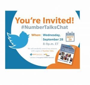 Math Solutions NumberTalks Chat invite, image of twitter bird and a copy of a Number Talks book cover | You're invited! #Numbertalkschat Wednesday September 28, 2016