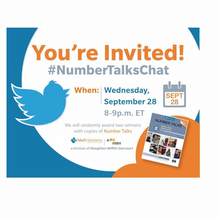 Math Solutions NumberTalks Chat invite, image of twitter bird and a copy of a Number Talks book cover | You're invited! #Numbertalkschat Wednesday September 28, 2016