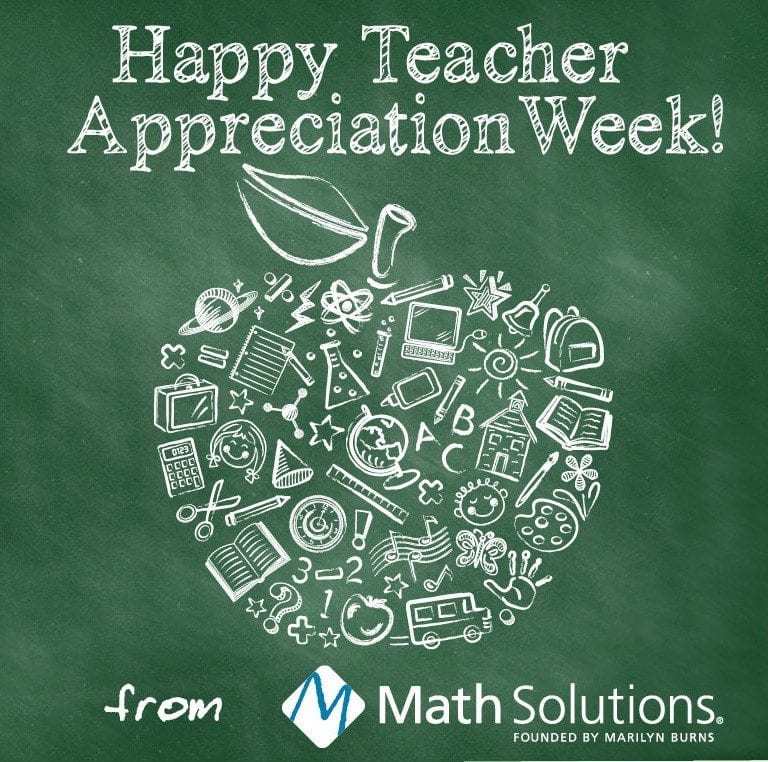 green chalkboard with math and education graphics in the shape of an apple | happy teacher appreciation week! from Math Solutions founded by Marilyn Burns