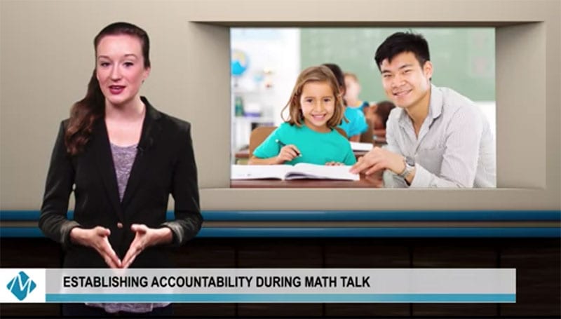 woman in black blazer hosting a math video with an image of a teacher and student behind her | establishing accountability during math talk