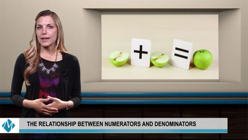 woman presenting a math video showing apples in an equation | the relationship between numerators and denominators