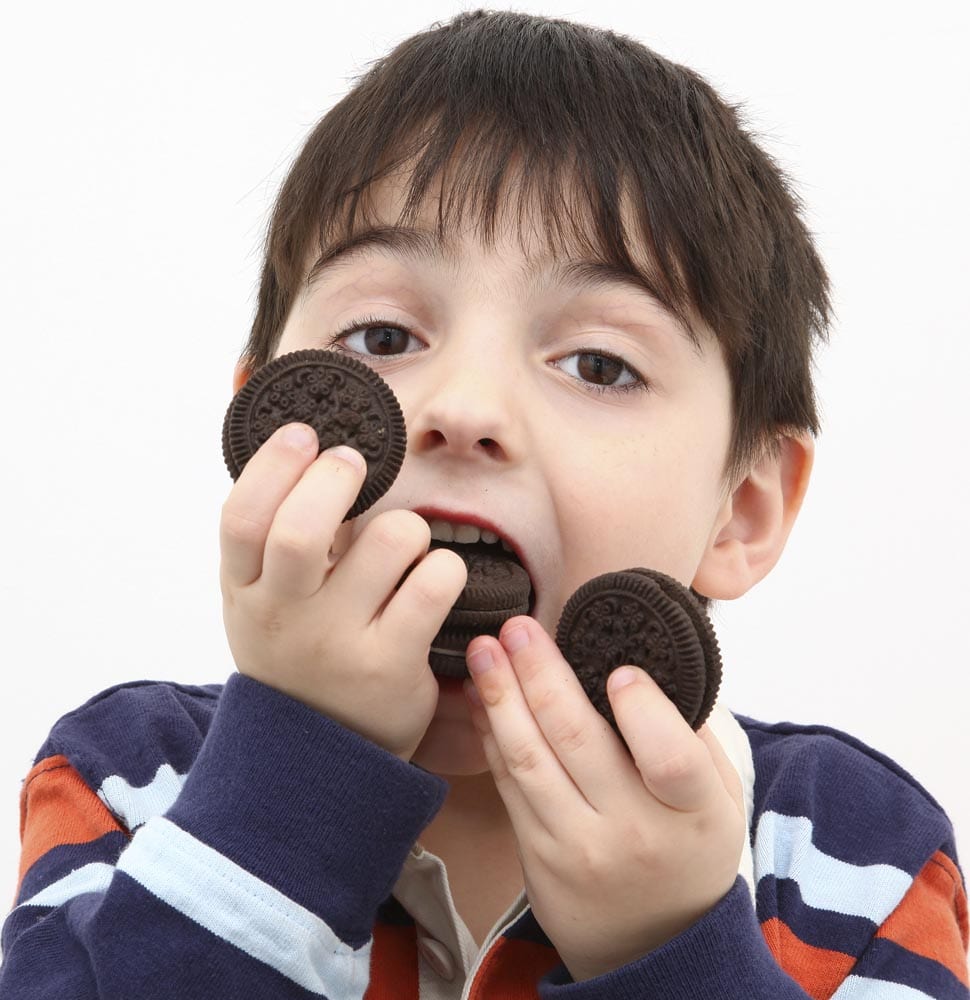 Young five year old boy eating chocolate cookies.