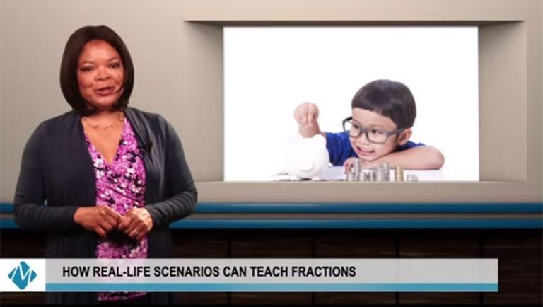 presenter in a math video showing a clip of a math student counting change | real-life scenarios can teach fractions