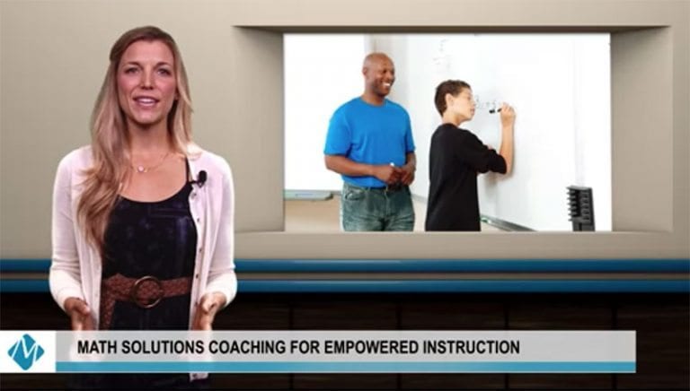 female host presenting math video standing in front of an image of a black male math teacher and younger male student | math solutions coaching for empowered instruction