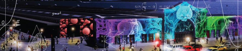 the exploratorium in san francisco with colorful lights and street traffic | math symbols overlaid