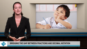 woman in black suit next to image of young math student | bridging the gab between fractions and decimal notation