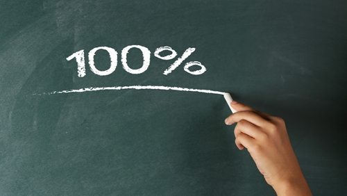 a hand holding chalk and underlining '100%' on a green chalkboard