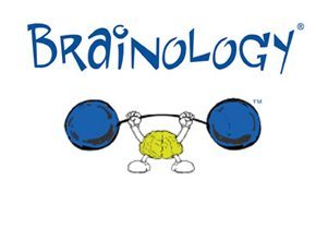 brainology logo with a brain lifting dumbells